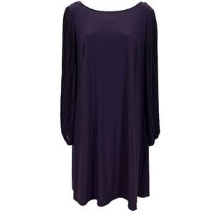 Roz & Ali Womens Plum Purple Jersey Knit Pleated Long Bishop Sleeve Dress sz L